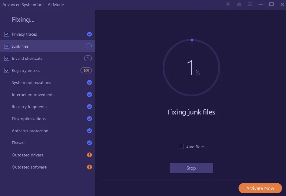 Bildschirm mit Advanced SystemCare beim Bereinigen von Junk-