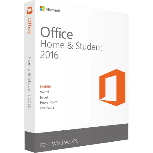 Verpackung von Microsoft Office Home & Student 2016 mit Word, Excel, PowerPoint und OneNote für 1 Windows-PC