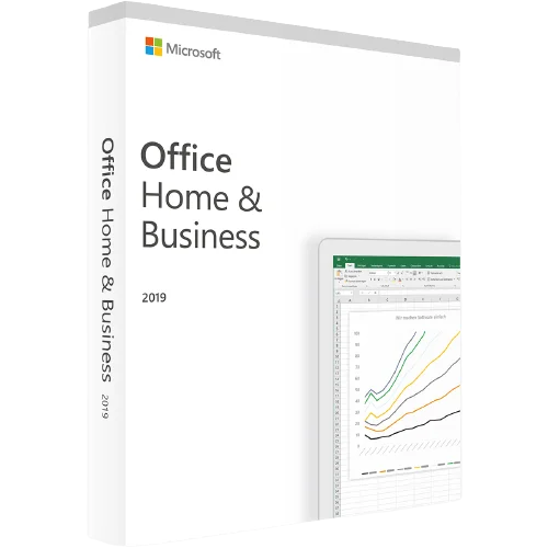Verpackung von Microsoft Office Home & Business 2019 mit einem Diagramm auf einem Bildschirm
