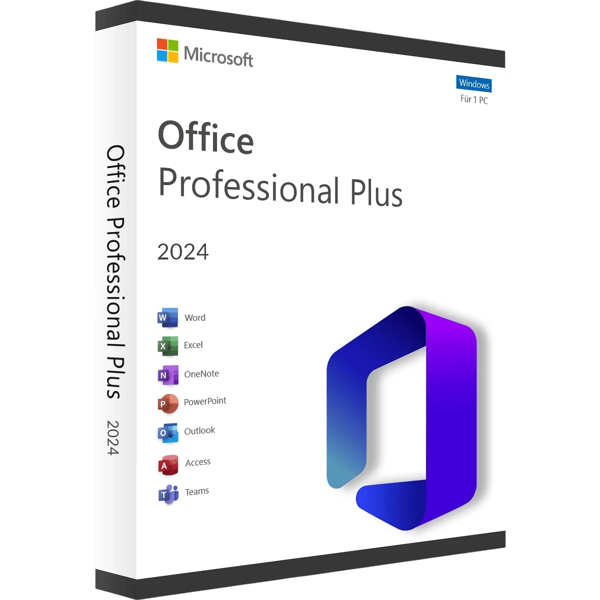 Verpackung von Microsoft Office Professional Plus 2024 mit Icons für Word, Excel, OneNote, PowerPoint, Outlook, Access und Teams