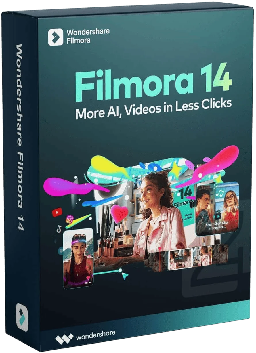 Verpackung von Wondershare Filmora 14 Videosoftware mit Feat