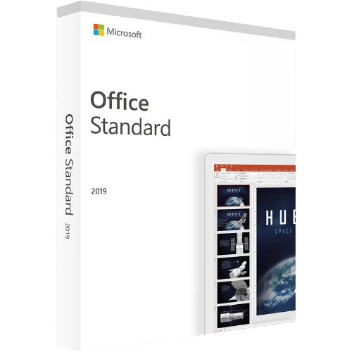 Microsoft Office Standard 2019 Verpackung mit Einblick in die PowerPoint-Anwendung