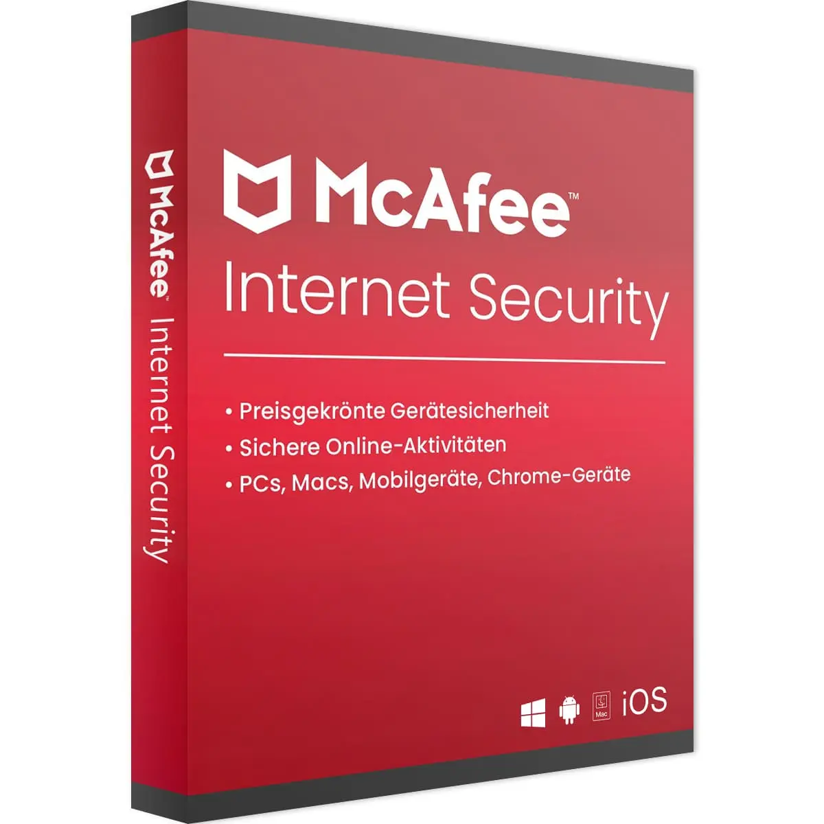 Verpackung der McAfee Internet Security Software für Schutz von PCs, Macs, Mobilgeräten und Chrome-Geräten.