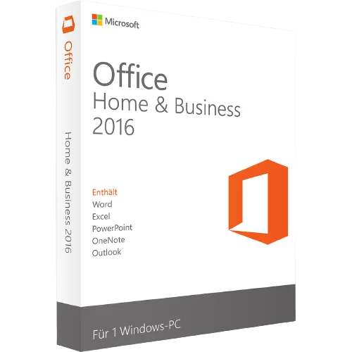 Verpackung von Microsoft Office Home & Business 2016 mit Word, Excel, PowerPoint, OneNote und Outlook