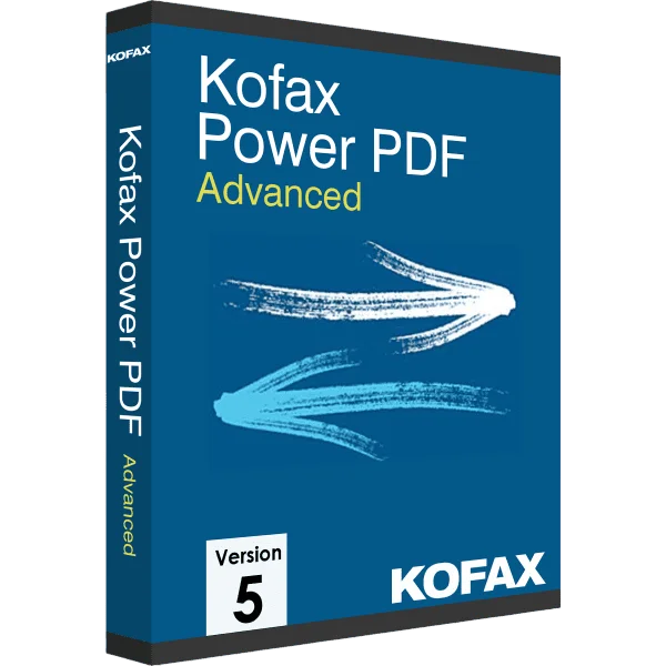 Verpackung von Kofax Power PDF Advanced Version 5 mit blauem Hintergrund und Pinselstrichen