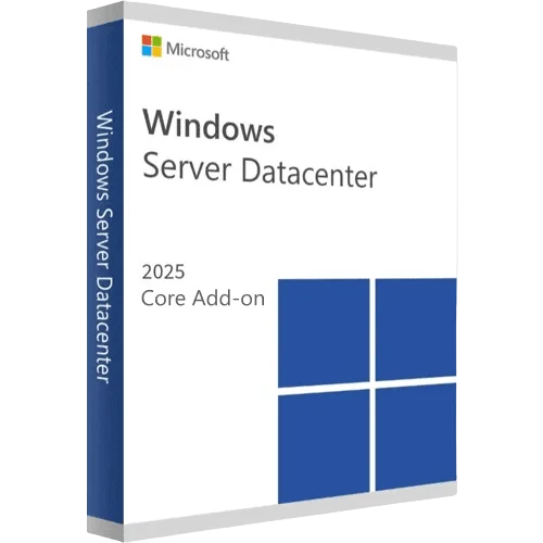 Verpackung von Microsoft Windows Server Datacenter 2025 Core Add-on, mit blau-weißem Design und Windows-Logo